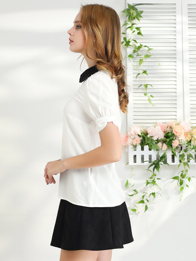 Pleated Contrast Peter Pan Collar Puff Short Sleeve Blouse