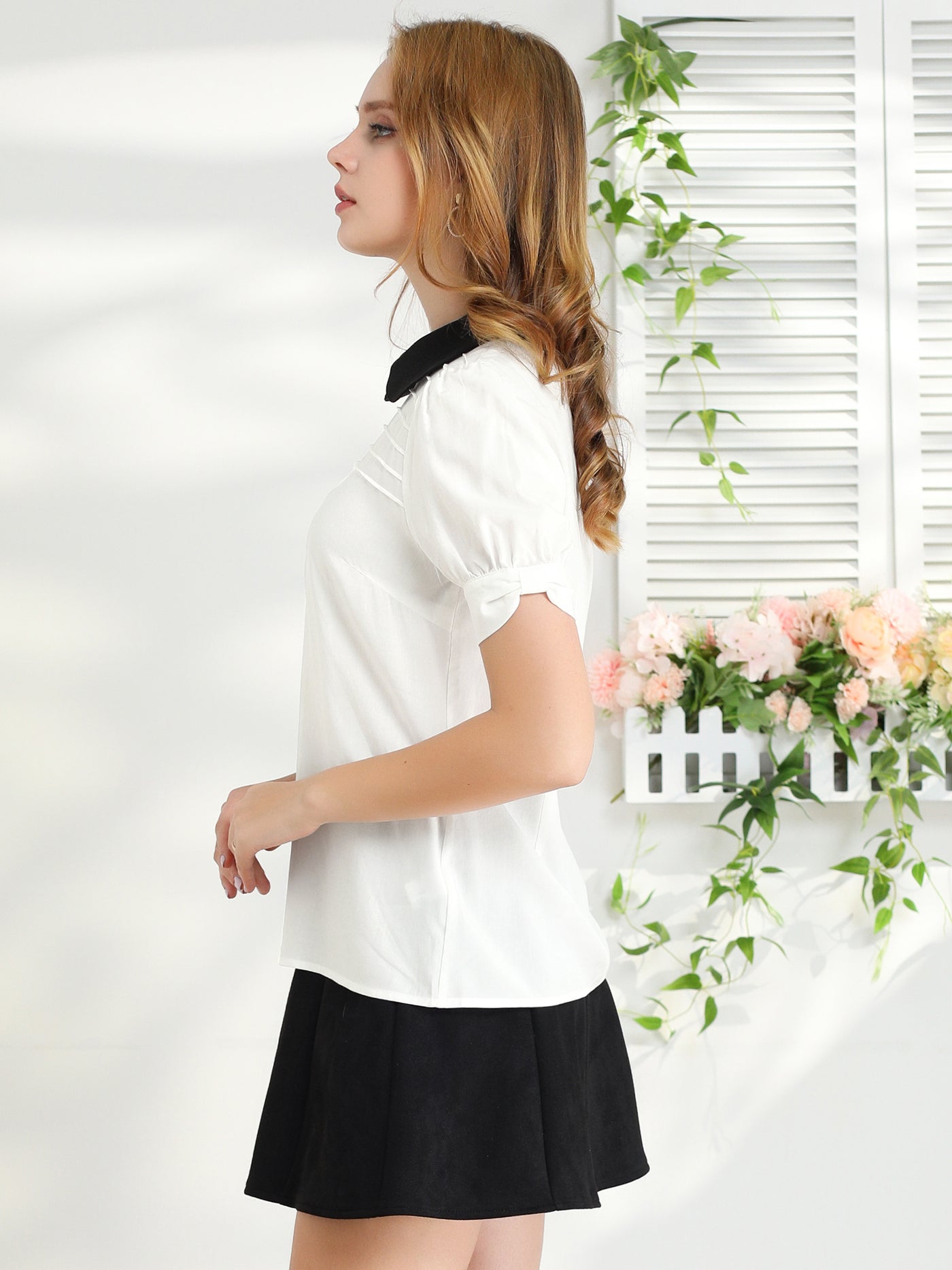 Allegra K Pleated Contrast Peter Pan Collar Puff Short Sleeve Blouse