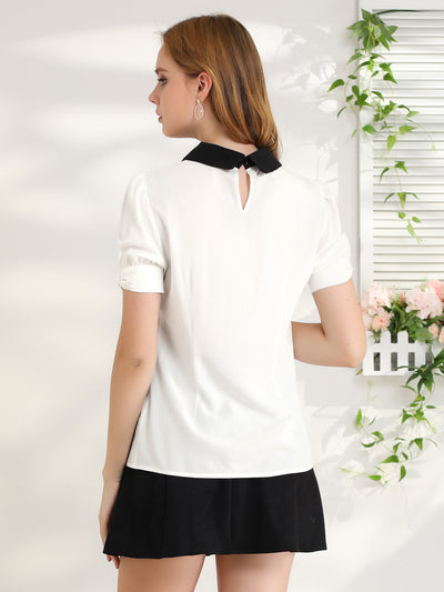 Pleated Contrast Peter Pan Collar Puff Short Sleeve Blouse