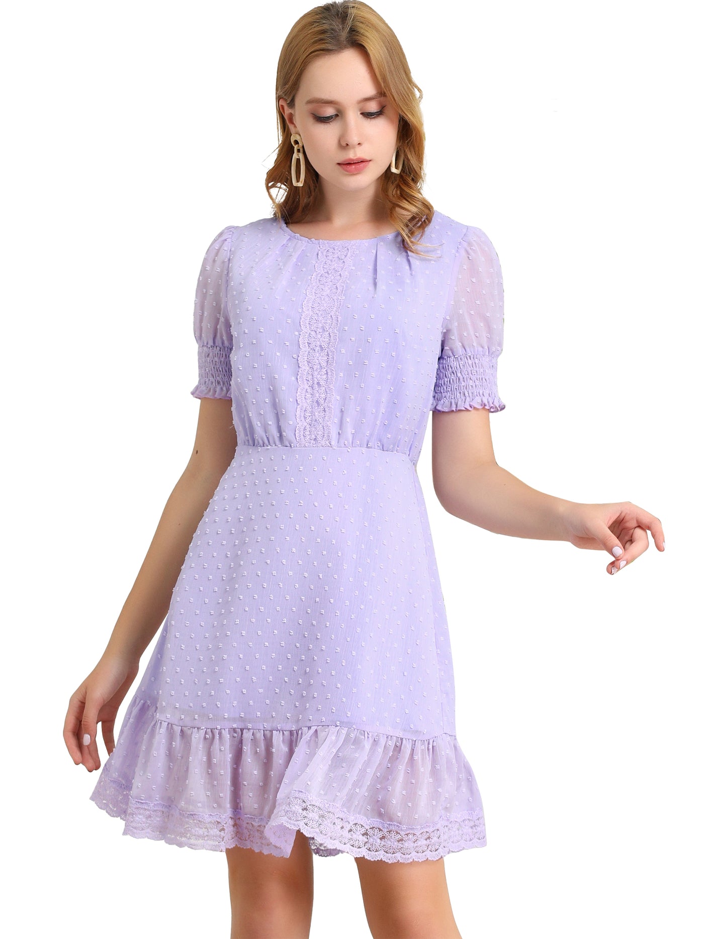 Allegra K Elegant Short Sheer Sleeve Ruffle Hem Swiss Dots Chiffon Dress