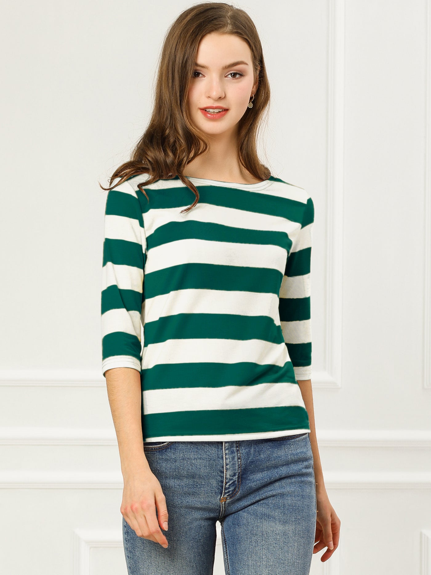 Allegra K Striped Elbow Sleeve Casual Basic Boat Neck T-shirt