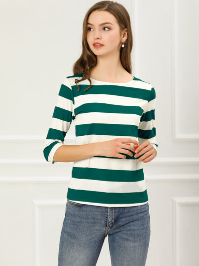 Striped Elbow Sleeve Casual Basic Boat Neck T-shirt