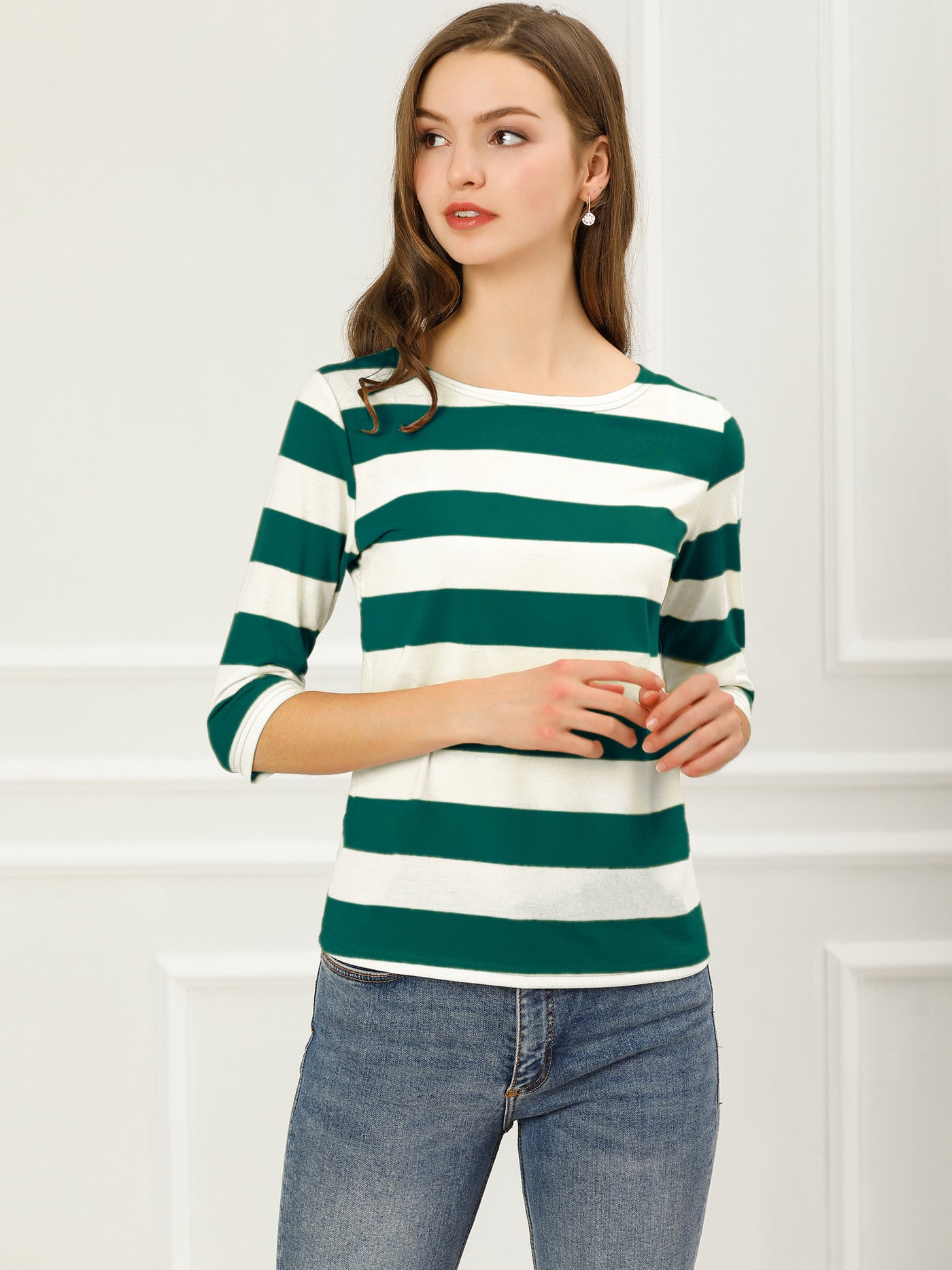 Allegra K Striped Elbow Sleeve Casual Basic Boat Neck T-shirt