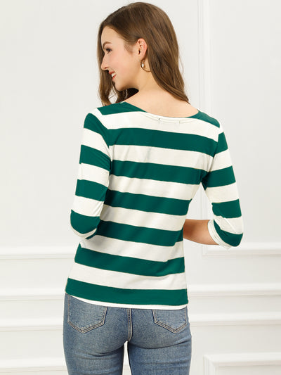 Striped Elbow Sleeve Casual Basic Boat Neck T-shirt