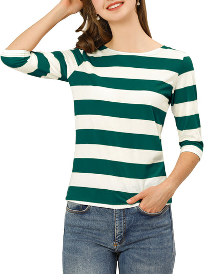 Striped Elbow Sleeve Casual Basic Boat Neck T-shirt