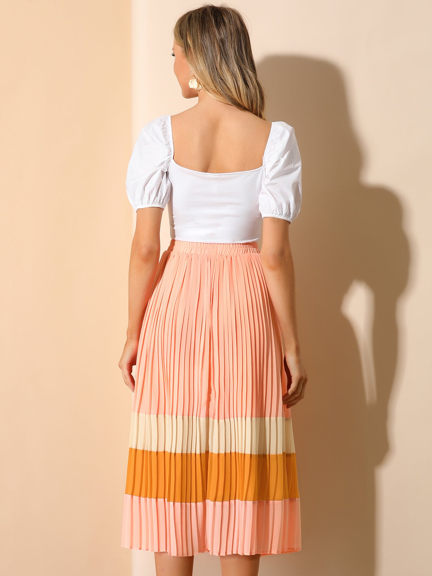 Allegra K Summer Elastic Waist Color Block A-Line Pleated Chiffon Midi Skirt