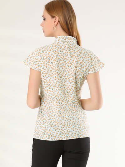 Floral Ruffled Neck Cap Sleeve Summer Button Down Shirt Blouse