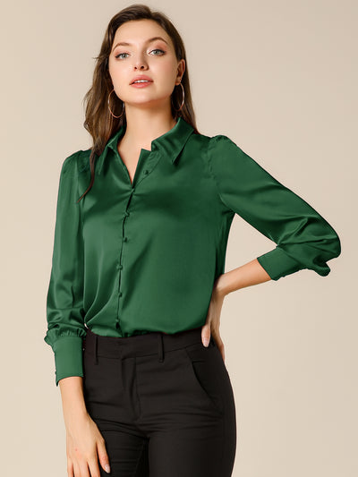 Allegra K Satin Puff Sleeve Point Collar Vintage Button Up Blouse