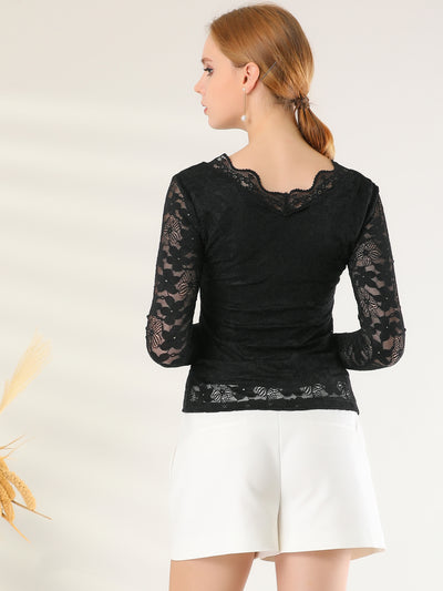 Floral Embroidery Sheer Long Sleeve Lace Blouse Top