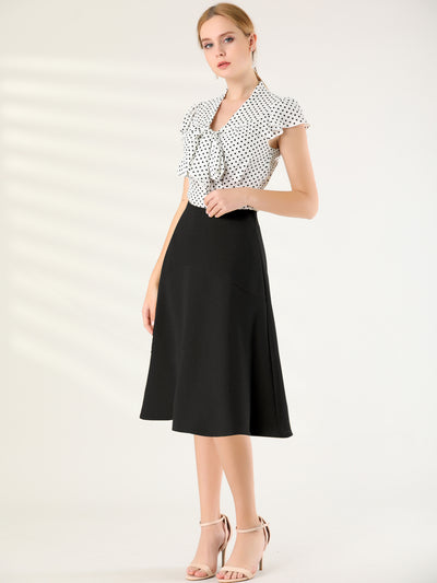 Summer Polka Dots Top Bow Tie V Neck Ruffled Cap Sleeve Office Blouse