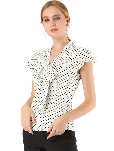 Summer Polka Dots Top Bow Tie V Neck Ruffled Cap Sleeve Office Blouse