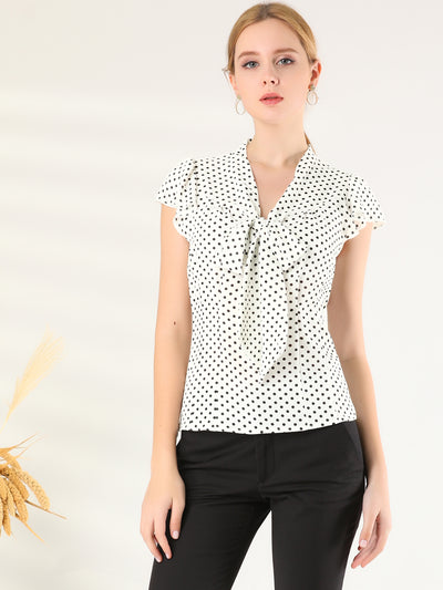 Summer Polka Dots Top Bow Tie V Neck Ruffled Cap Sleeve Office Blouse