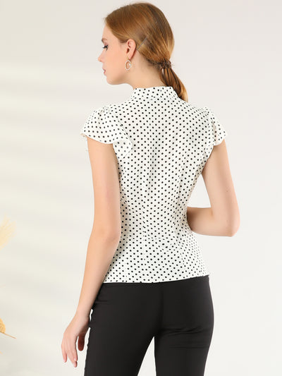 Summer Polka Dots Top Bow Tie V Neck Ruffled Cap Sleeve Office Blouse