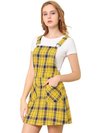 Adjustable Strap Above Knee Plaid Printed Overall Suspender Skirt