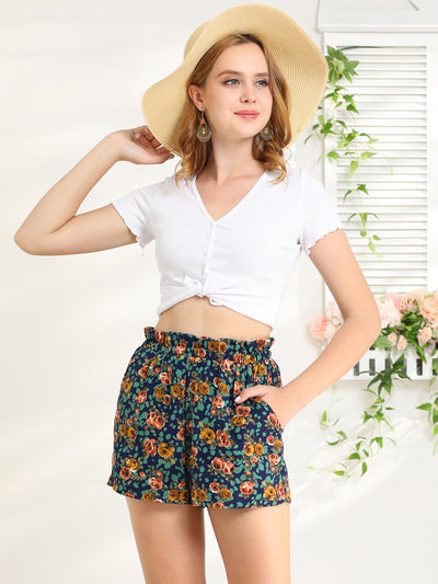 Boho Summer Casual Elastic Waist Rose Floral Shorts