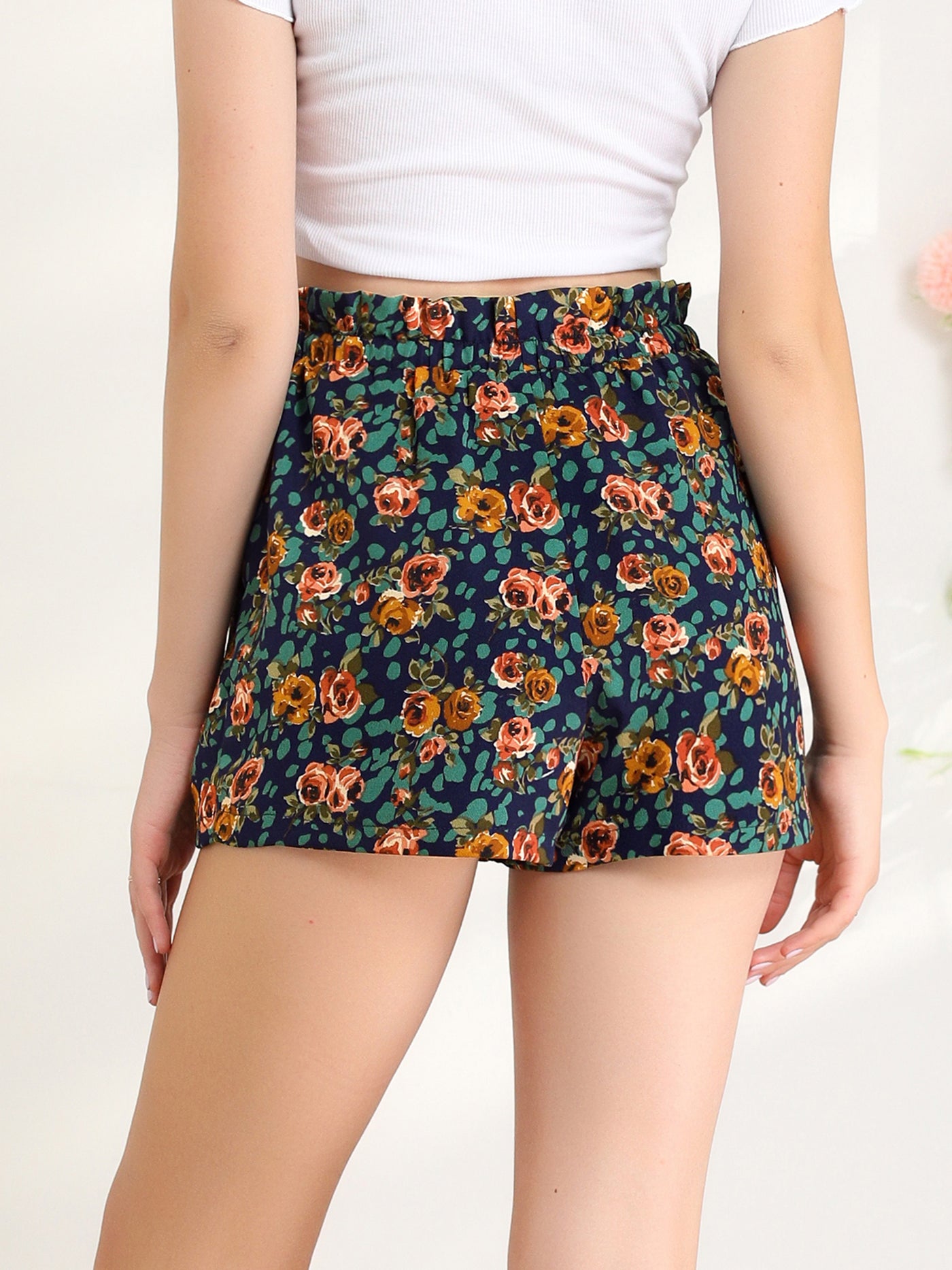 Allegra K Boho Summer Casual Elastic Waist Rose Floral Shorts