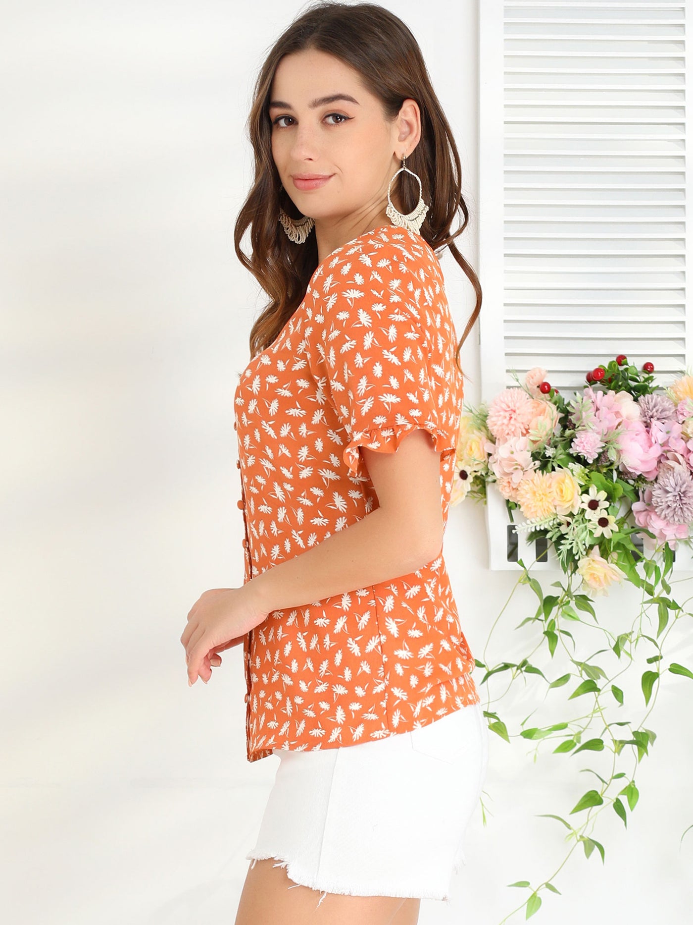 Allegra K Summer Floral Print V Neck Short Sleeve Button Front Blouse Top