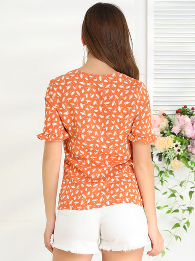 Summer Floral Print V Neck Short Sleeve Button Front Blouse Top