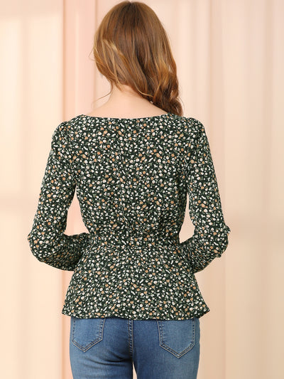 Long Sleeve Square Neck Belted Peplum Floral Top Blouse