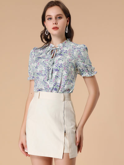 Ruffle Self Tie Neck Puff Short Sleeve Work Floral Blouse