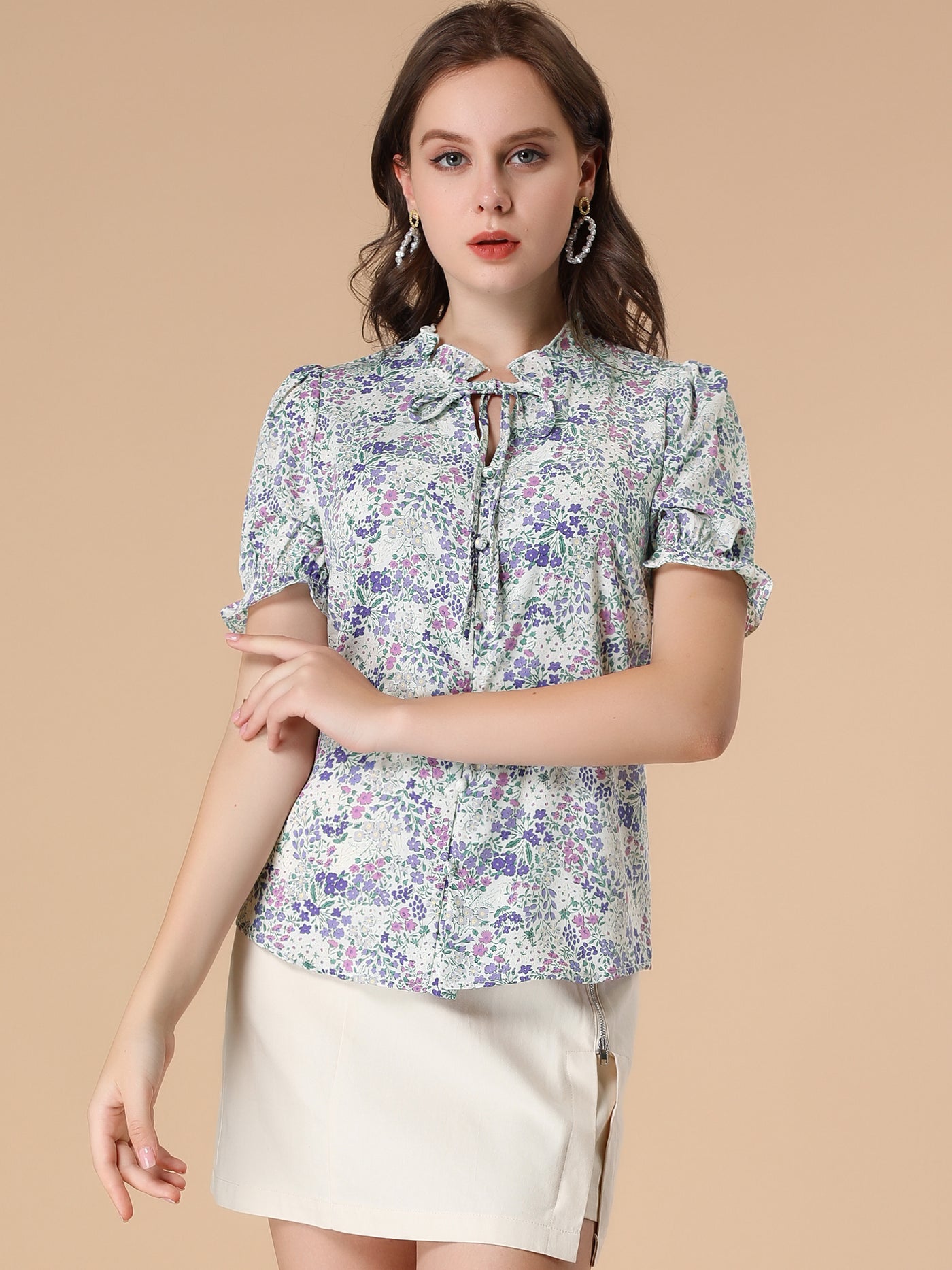 Allegra K Ruffle Self Tie Neck Puff Short Sleeve Work Floral Blouse