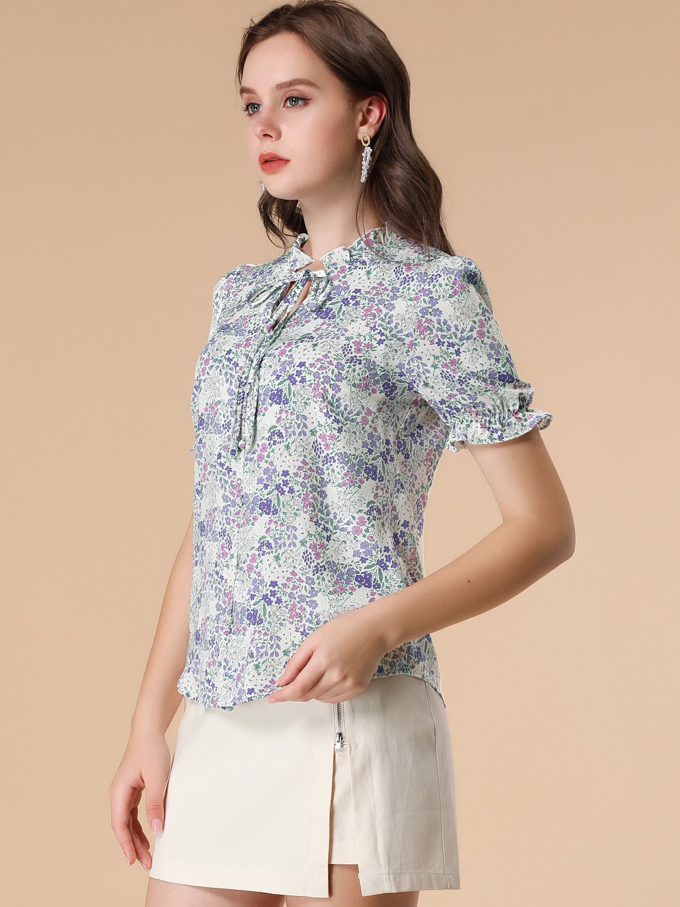 Allegra K Ruffle Self Tie Neck Puff Short Sleeve Work Floral Blouse