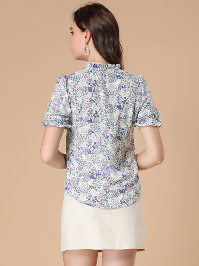 Ruffle Self Tie Neck Puff Short Sleeve Work Floral Blouse