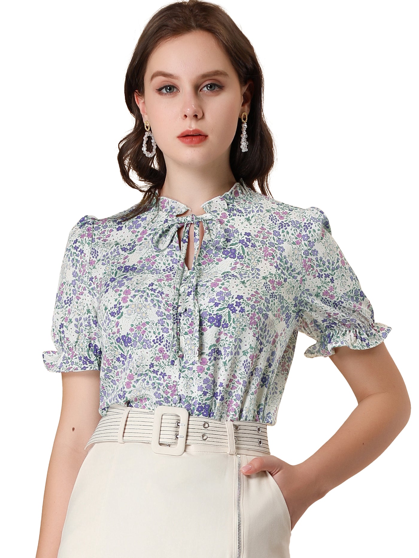 Allegra K Ruffle Self Tie Neck Puff Short Sleeve Work Floral Blouse