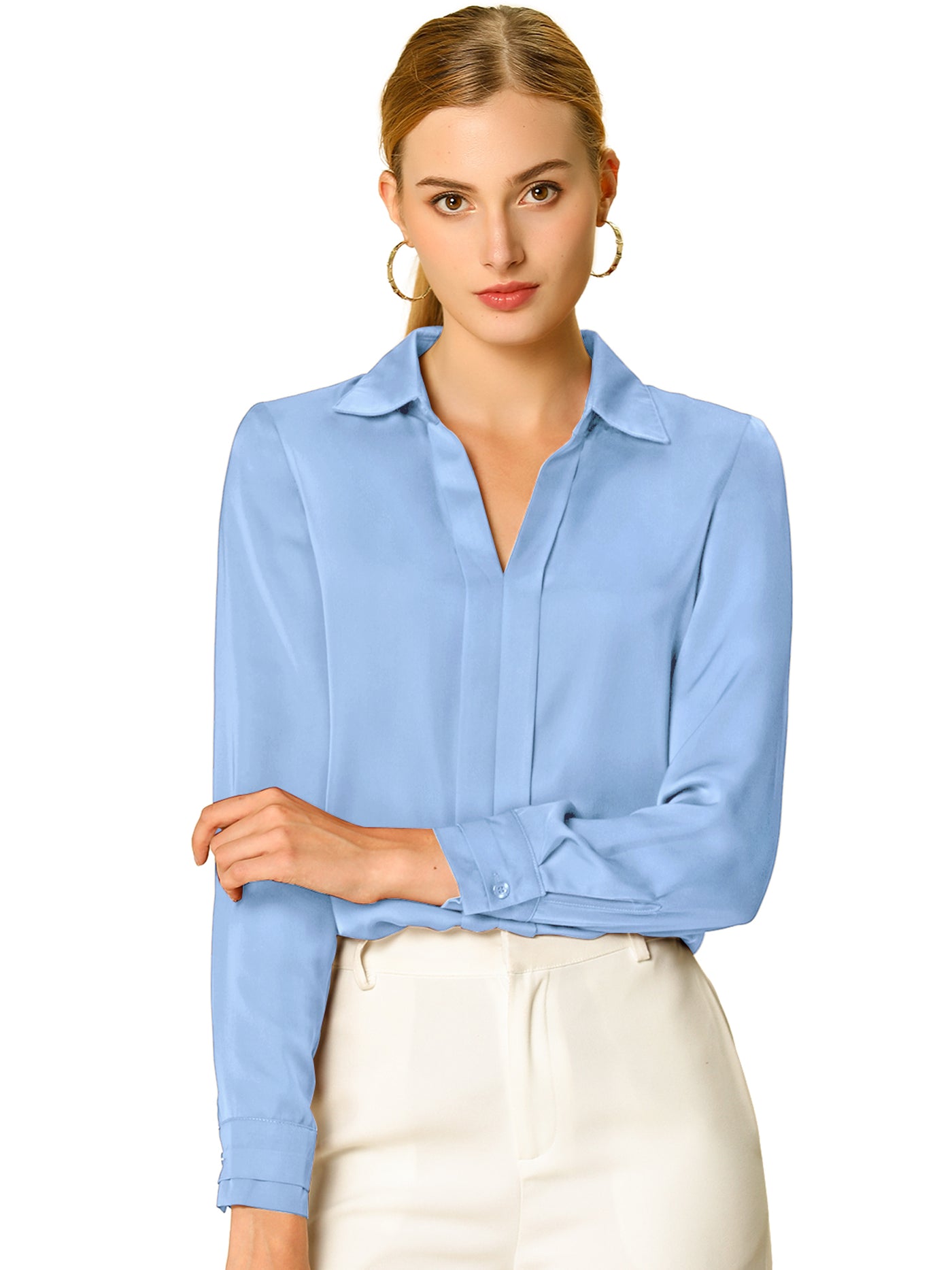 Allegra K Satin Blouse Elegant V Neck Long Sleeve Silky Office Work Shirt