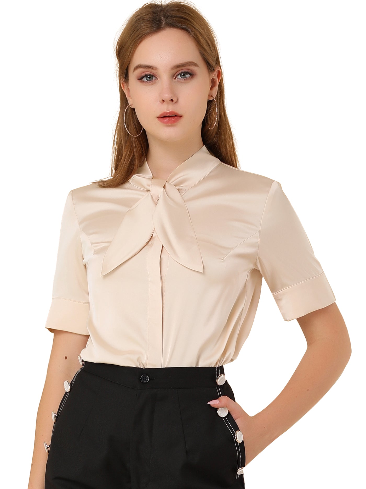 Allegra K Work Tie Neck Short Sleeve Satin Elegant Button Down Shirt