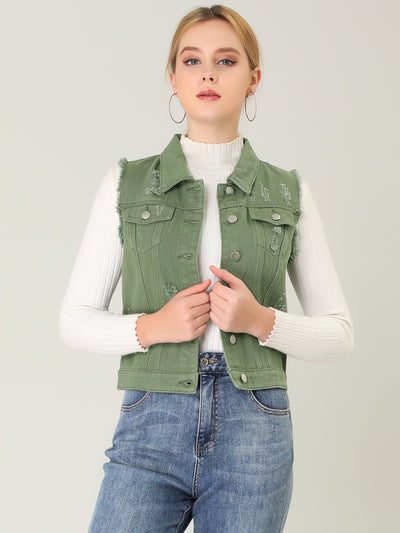 Lapel Button Closure Sleeveless Washed Distressed Denim Vest