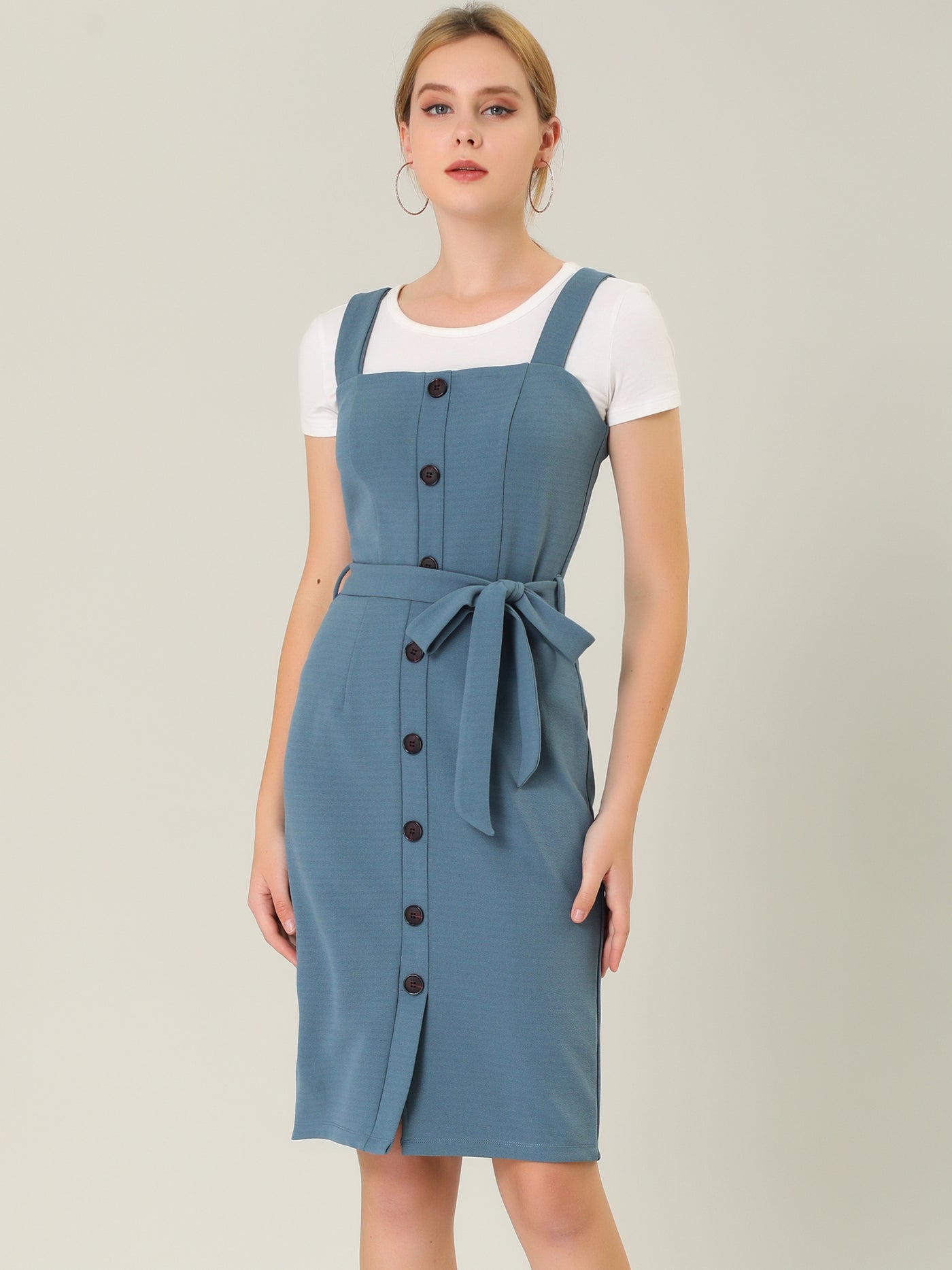 Allegra K Classic Button Front Sleeveless Tie Waist Pinafore Overall Dress