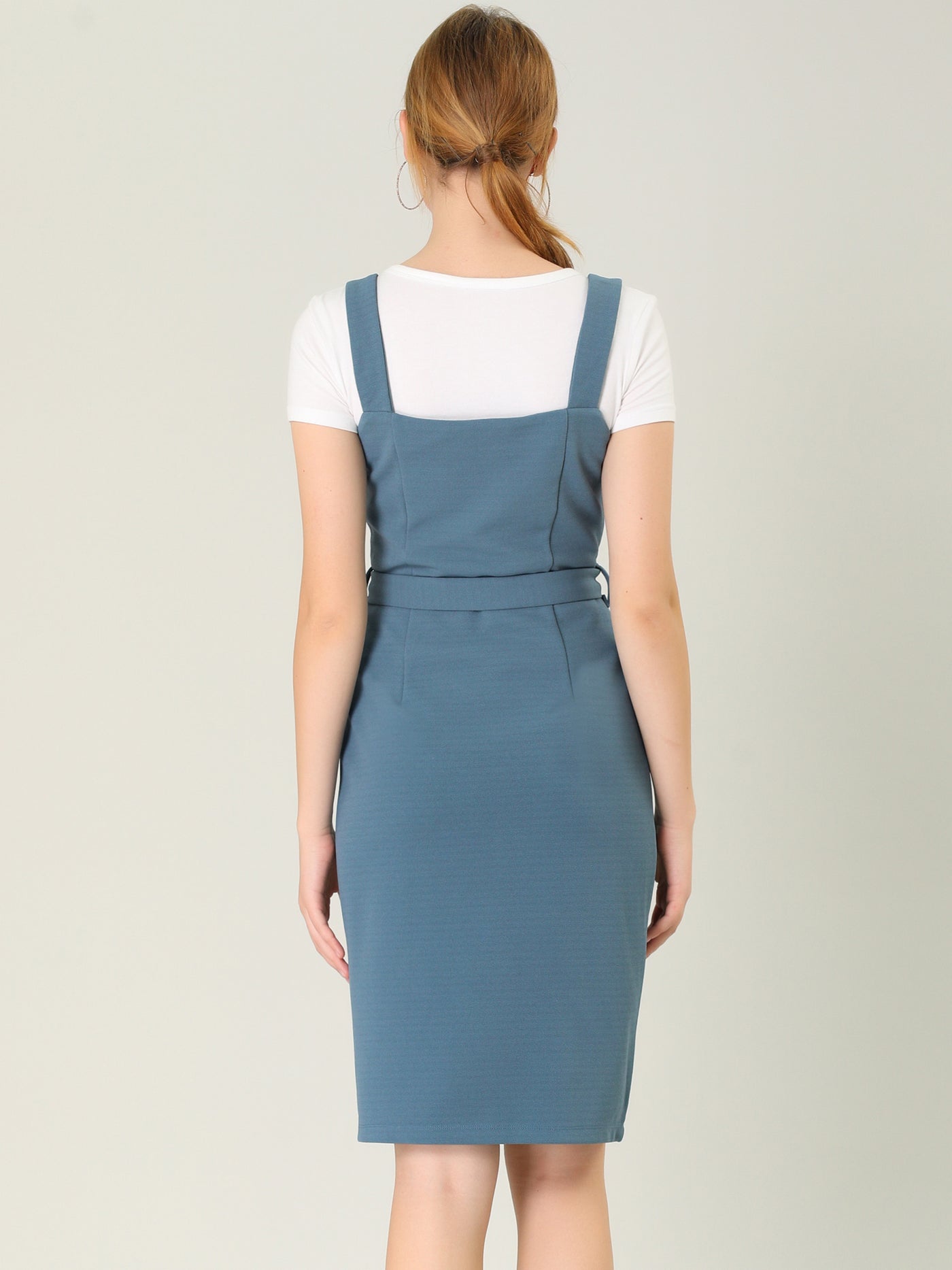 Allegra K Classic Button Front Sleeveless Tie Waist Pinafore Overall Dress