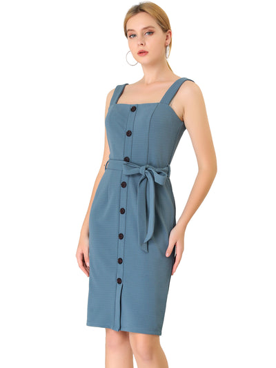 Classic Button Front Sleeveless Tie Waist Pinafore Overall Dress