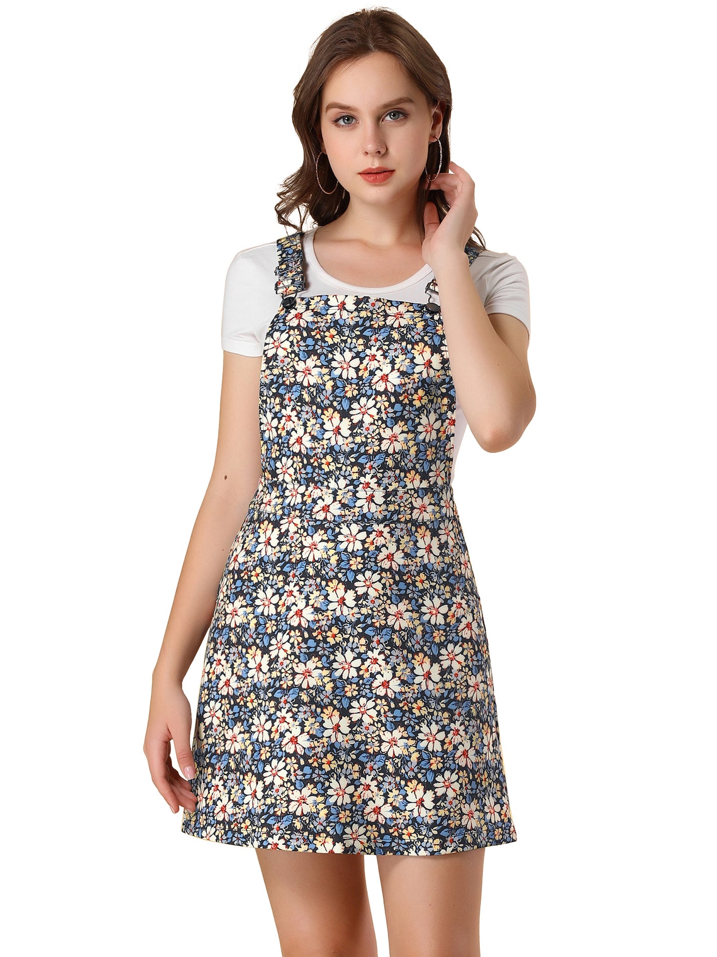 Allegra K Floral Dress Adjustable Strap Above Knee Overall Skirt