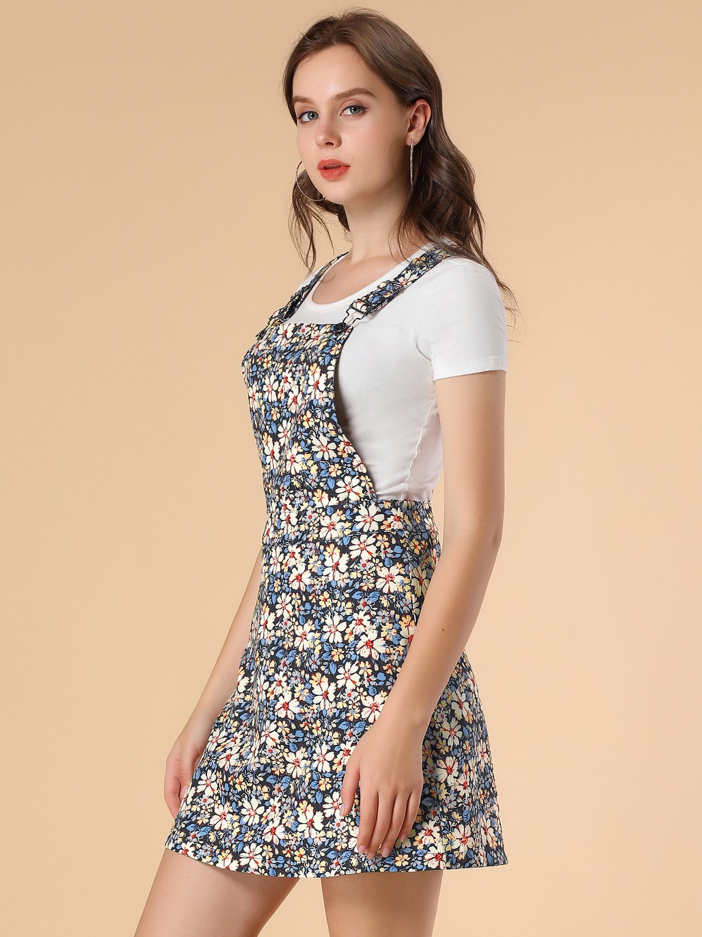 Allegra K Floral Dress Adjustable Strap Above Knee Overall Skirt