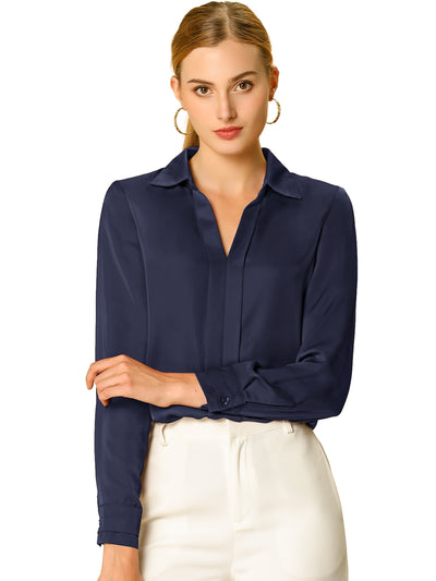 Satin Blouse Elegant V Neck Long Sleeve Silky Office Work Shirt