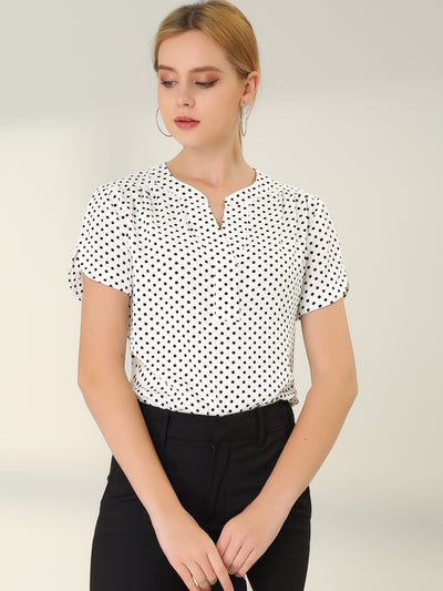 Polka Dots Print V Neck Short Sleeve Elegant Work Office Tops