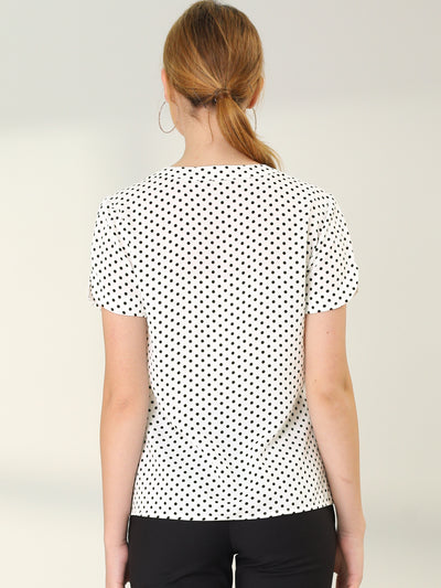 Polka Dots Print V Neck Short Sleeve Elegant Work Office Tops