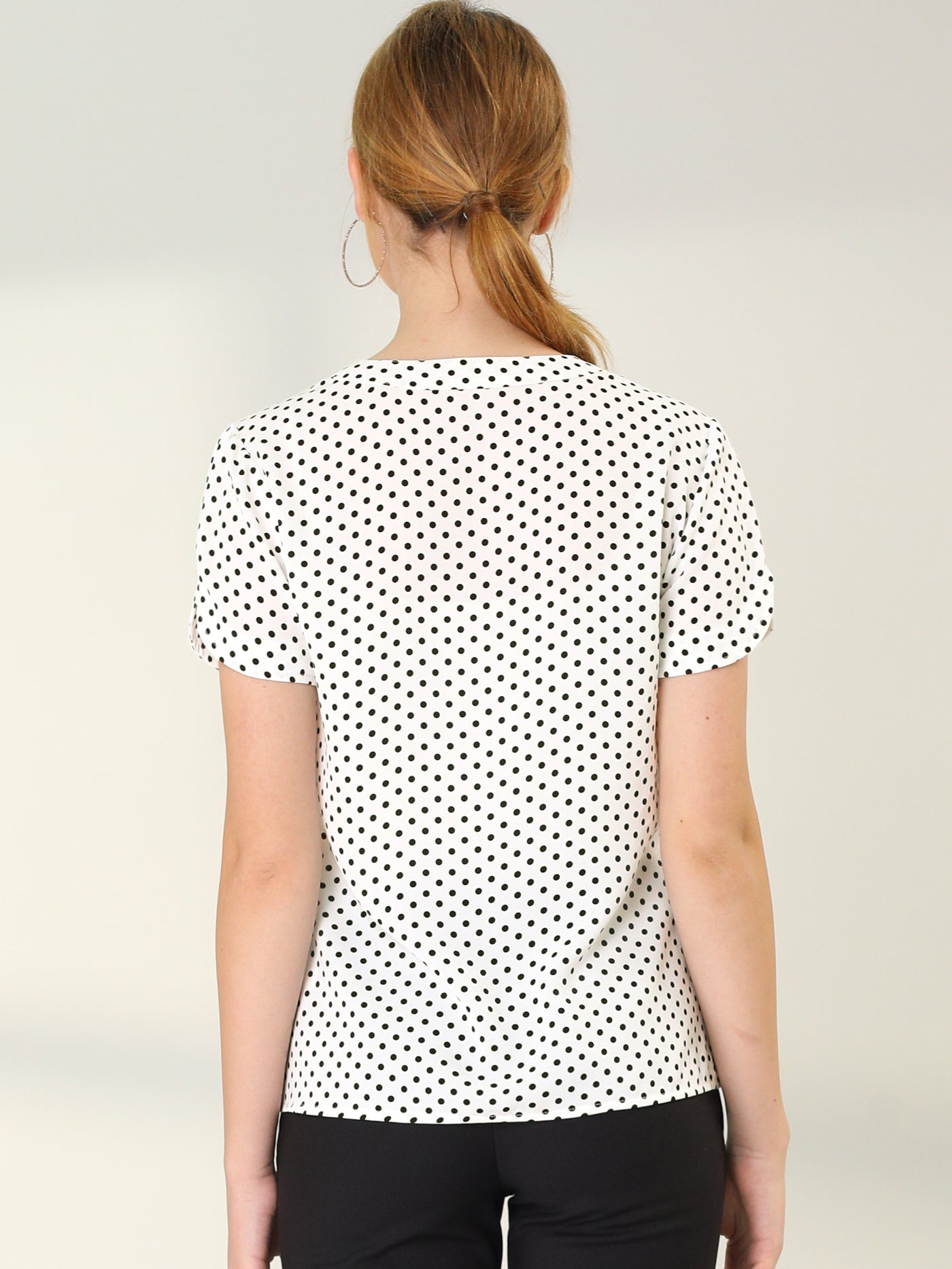 Allegra K Polka Dots Print V Neck Short Sleeve Elegant Work Office Tops