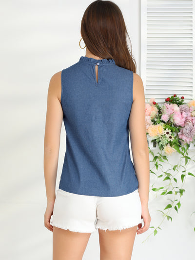 Denim Sleeveless Top Frill Mock Neck Ruffle Chambray Blouse