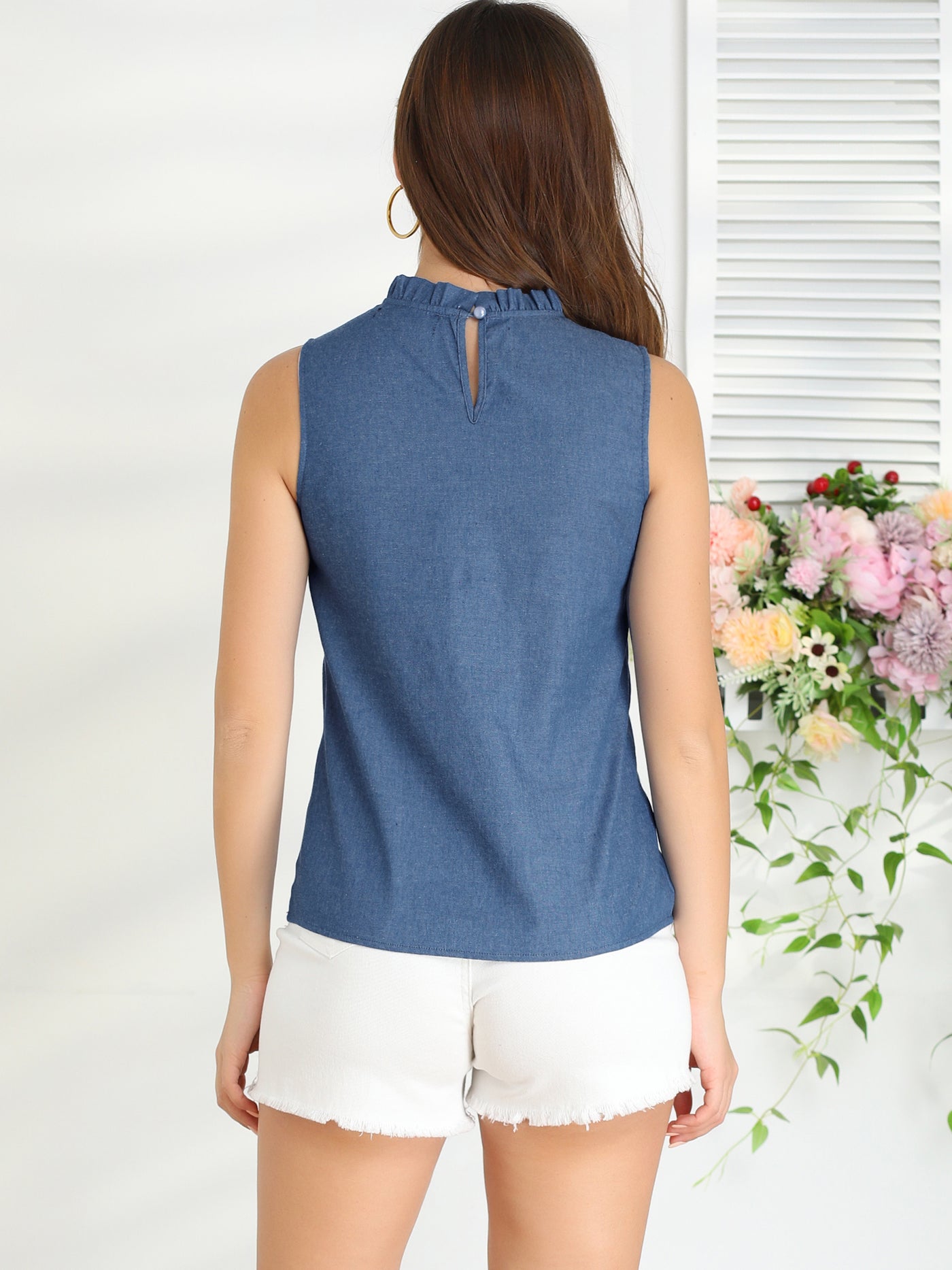 Allegra K Denim Sleeveless Top Frill Mock Neck Ruffle Chambray Blouse