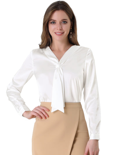 Satin Tie Neck Long Sleeve Solid Color Elegant Office Work Shirt Top