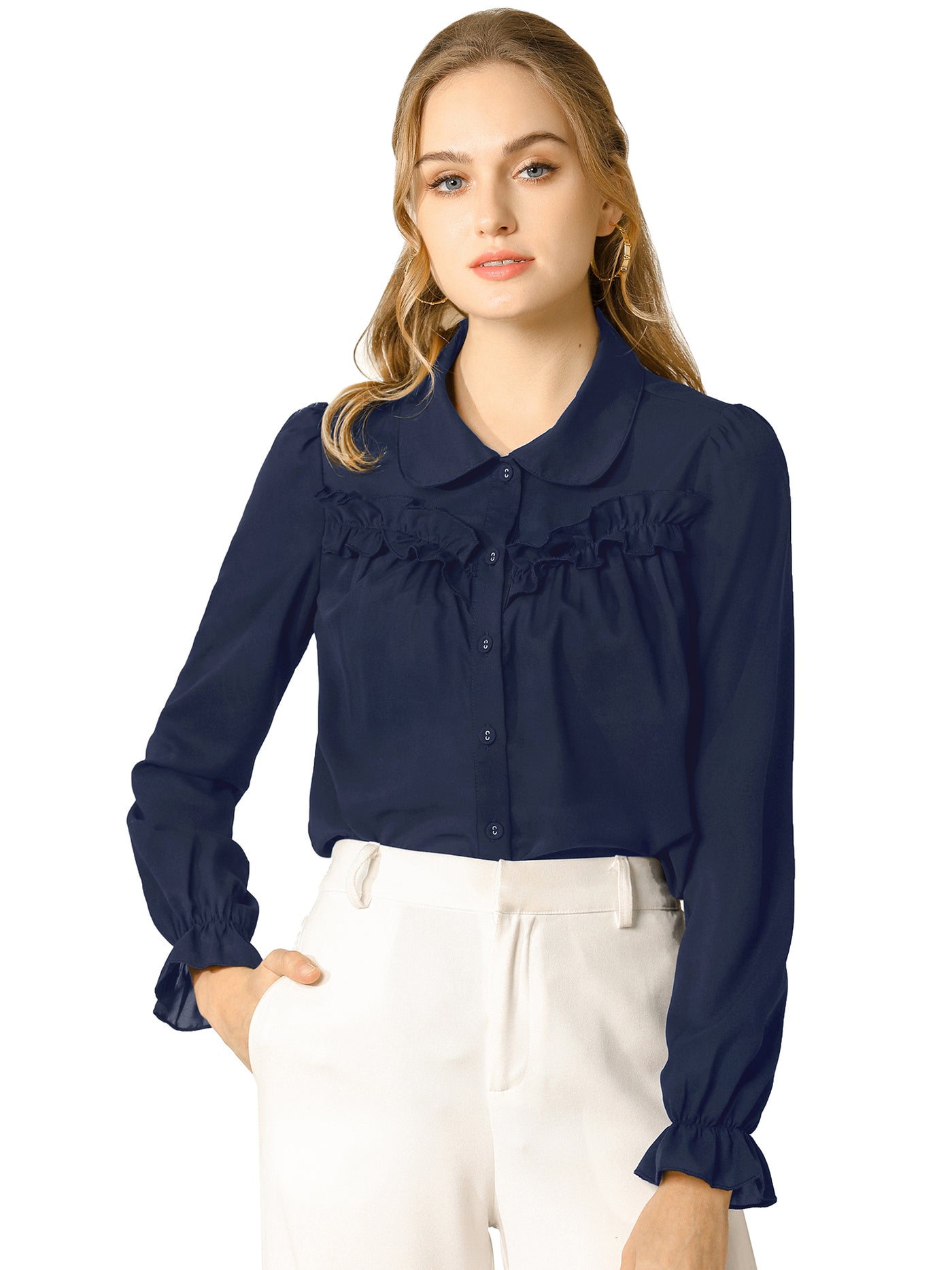 Allegra K Button Down Ruffle Blouse Long Sleeve Peter Pan Collar Work Shirt Top