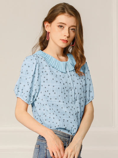 Button Down Short Sleeve Shirt Pleated Collar Floral Blouse