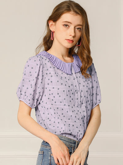 Button Down Short Sleeve Shirt Pleated Collar Floral Blouse