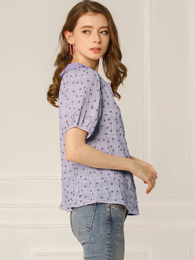 Button Down Short Sleeve Shirt Pleated Collar Floral Blouse