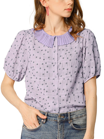 Button Down Short Sleeve Shirt Pleated Collar Floral Blouse