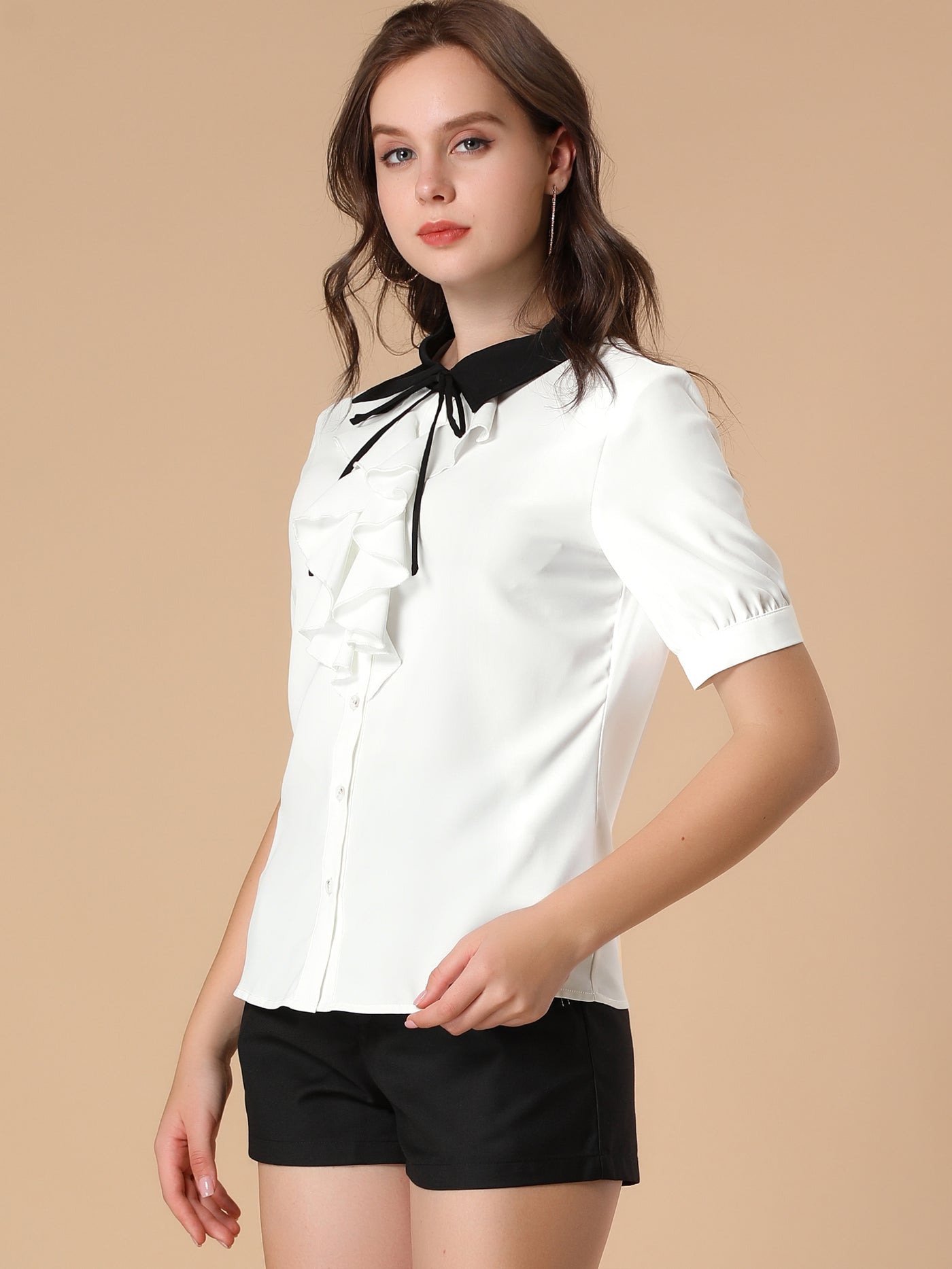 Allegra K Contrast Collar Tie Ruffle Front Button Short Sleeve Work Shirt