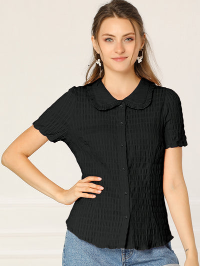 Peter Pan Collar Short Sleeves Textured Button Down Blouse